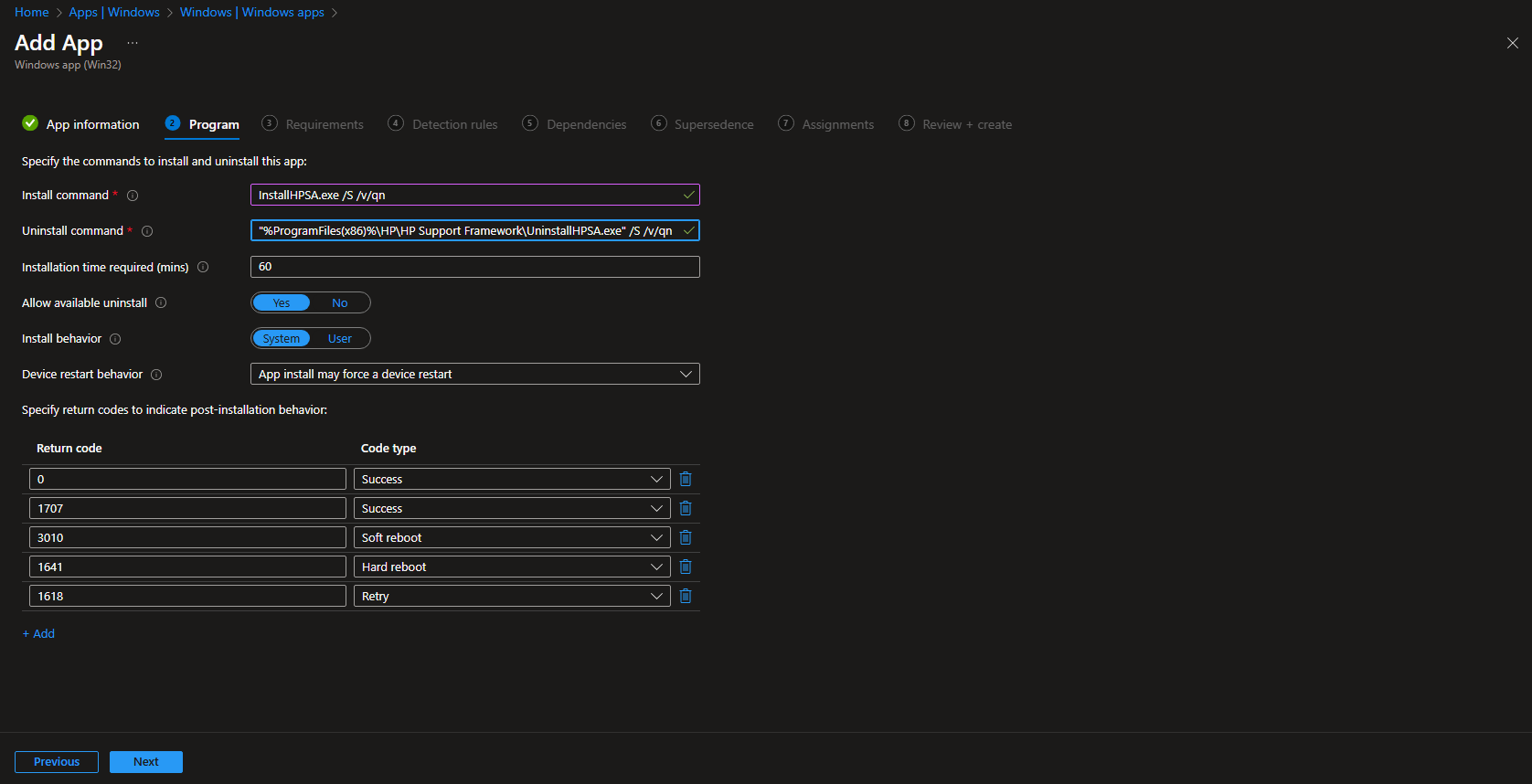 Configuring install and uninstall commands for HP Support Assistant